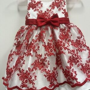 Elegant Red and White Floral Dress with Bow